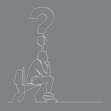 Continuous line drawing of man sitting on toilet seat thinking about a questi イラスト素材