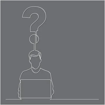 Continuous line drawing of man sitting with laptop computer working on a ques Stock Illustration