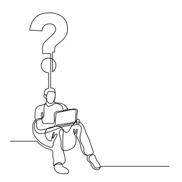 Continuous line drawing of man sitting with laptop computer creating a questi Stock Illustration