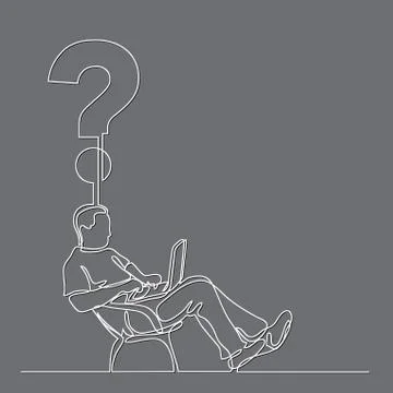 Continuous line drawing of man sitting working on laptop computer on a questi Stock Illustration