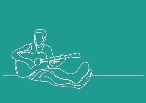 Continuous line drawing of man sitting playing guitar Stock Illustration