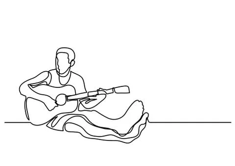 Continuous line drawing of man sitting playing guitar Stock Illustration