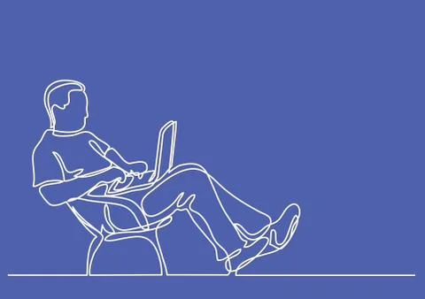 Continuous line drawing of man sitting working on laptop computer Stock Illustration