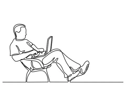 Continuous line drawing of man sitting working on laptop computer Illustrazione stock