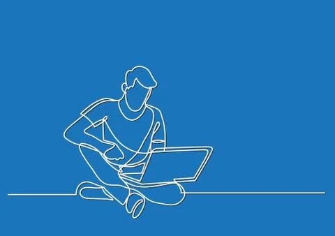 Continuous line drawing of man sitting with laptop computer Stock Illustration