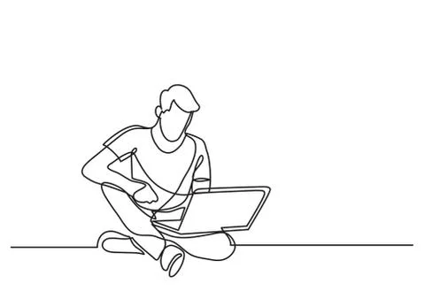 Continuous line drawing of man sitting with laptop computer 스톡 일러스트
