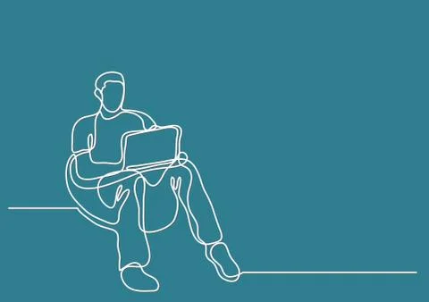 Continuous line drawing of man sitting in bean bag with laptop computer Illustrazione stock