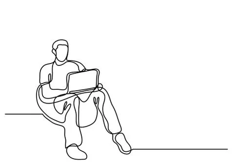 Continuous line drawing of man sitting in bean bag with laptop computer Stock Illustration