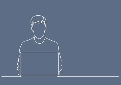 Continuous line drawing of man sitting behind laptop computer Stock Illustration