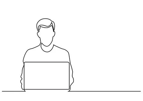 Continuous line drawing of man sitting behind laptop computer イラスト素材