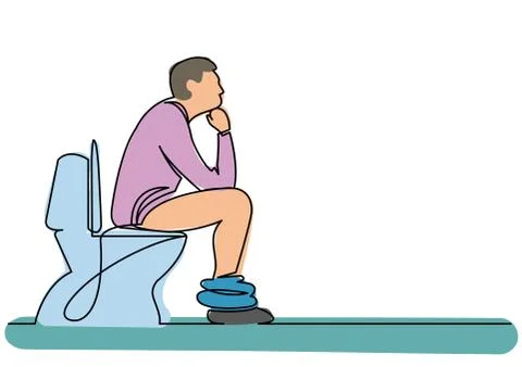 Continuous line drawing of man sitting on toilet seat thinking イラスト素材