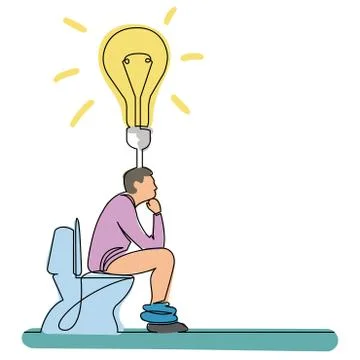 Continuous line drawing of man sitting on toilet seat thinking about new idea Stock Illustration