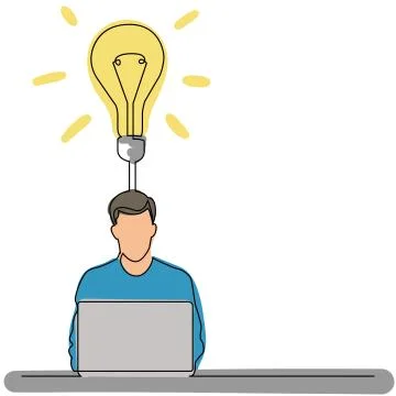 Continuous line drawing of man sitting with laptop computer creating a new id Stock Illustration