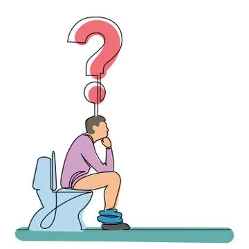 Continuous line drawing of man sitting on toilet seat thinking about a questi イラスト素材