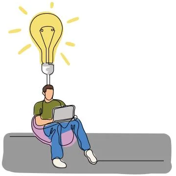 Continuous line drawing of man sitting with laptop computer creating a new id Stock Illustration