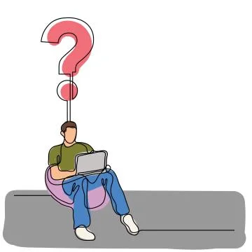 Continuous line drawing of man sitting with laptop computer creating a questi Stock Illustration