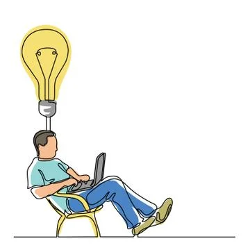 Continuous line drawing of man sitting working on laptop computer on idea イラスト素材
