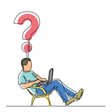 Continuous line drawing of man sitting working on laptop computer on a questi Illustrazione stock