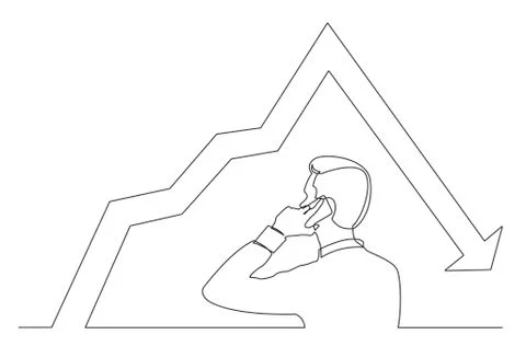 Continuous line drawing of man talking on mobile pnone about decreasing graph 库存插图