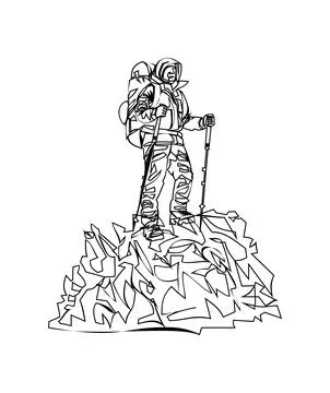 Continuous line drawing of a Man on the top of the mountain minimalistic conc Stock Illustration