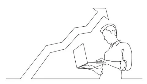 Continuous line drawing of man watching laptop computer increasing graph Stock Illustration