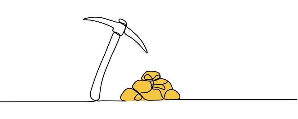 Continuous line drawing miner's pickaxe and gold. Editable stroke Stock Illustration