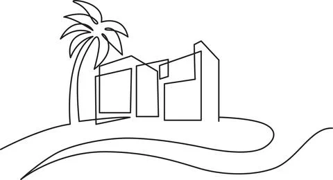 Continuous line drawing of modern house and palm tree Illustrazione stock