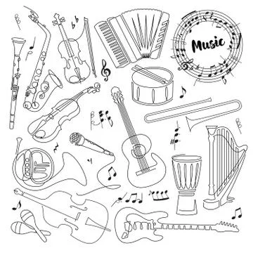Continuous line drawing of Musical instruments linear icons set. Orchestra Stock Illustration