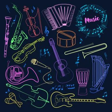Continuous line drawing of Musical instruments linear vector icons set bright Illustrazione stock