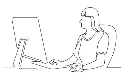 Continuous line drawing of office female worker sitting working behind comput Stock Illustration