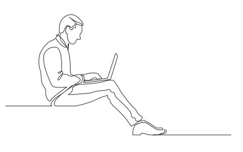 Continuous line drawing of office worker sitting working on laptop computer Stock Illustration