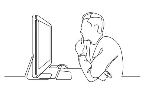 Continuous line drawing of office worker concentrated behind computer Illustrazione stock