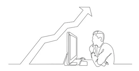 Continuous line drawing of office worker concentrated behind computer with in Stock Illustration