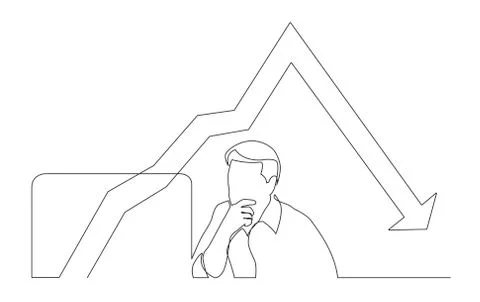 Continuous line drawing of office worker analyzing decreasing graph on comput 库存插图