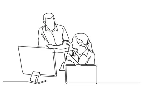 Continuous line drawing of office workers discussing problem Stock Illustration