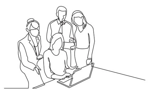 Continuous line drawing of office workers discussion with laptop computer Stock Illustration