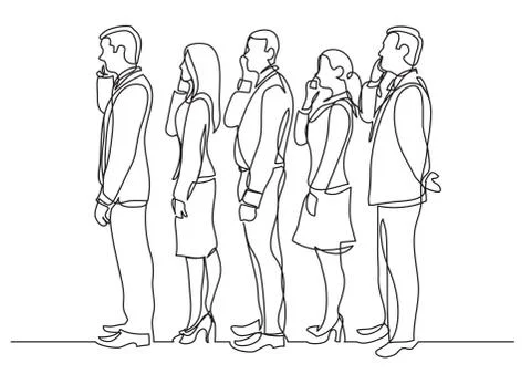 Continuous line drawing of office workers standing in line making phone calls Stock Illustration