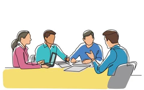 Continuous line drawing of office workers at business meeting Stock Illustration