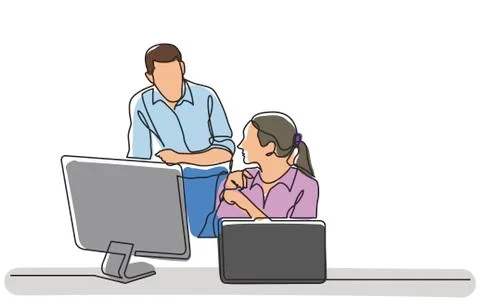 Continuous line drawing of office workers discussing problem Stock Illustration