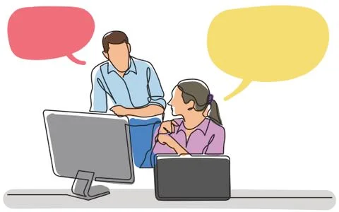 Continuous line drawing of office workers discussing problem Stock Illustration