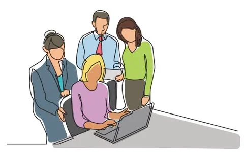 Continuous line drawing of office workers discussion with laptop computer Stock Illustration
