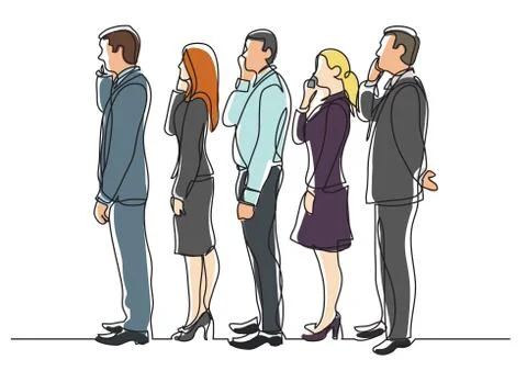 Continuous line drawing of office workers standing in line making phone calls Stock Illustration