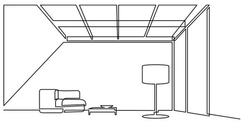 Continuous line drawing of open space living room area with sofa and floor la Ilustración de archivo