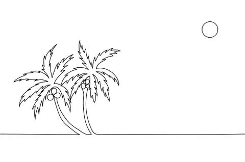 Continuous line drawing of palm trees with coconuts. Stock Illustration