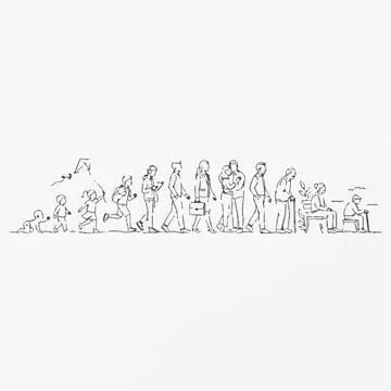 Continuous line drawing people life stages journey from childhood to old ag.. 库存插图