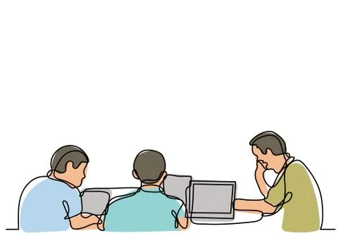 Continuous line drawing of people working on laptop computers Stock Illustration