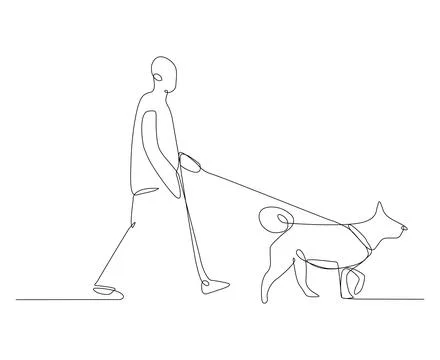 Continuous line drawing of a person walking a dog Stock Illustration