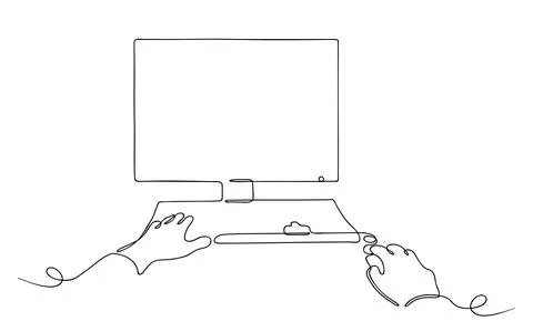 Continuous line drawing of person working or chatting at computer, remote work Stock Illustration