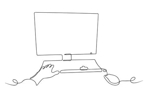 Continuous line drawing of person working or chatting at computer, remote work Stock Illustration