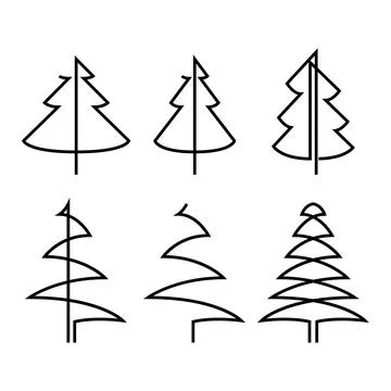 Continuous line drawing of pine. Fir-tree collection. Black isolated on white Stock Illustration